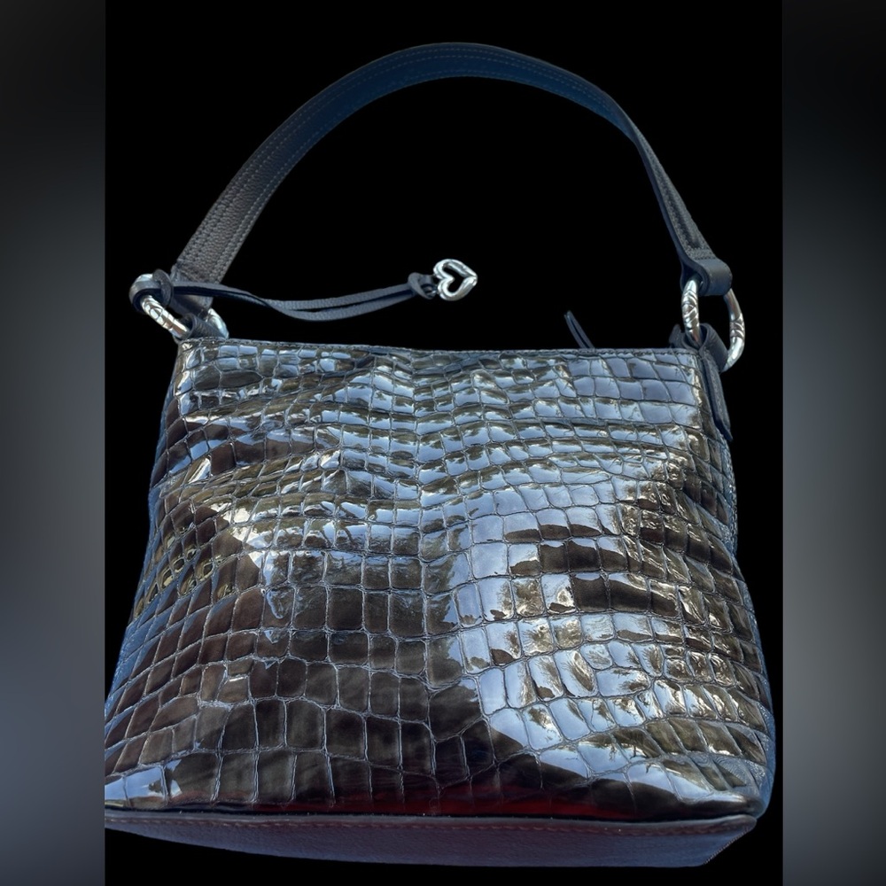BRIGHTON Croc Embossed Brown Patent Leather Hobo Shoulder Bag - Picture 1 of 10